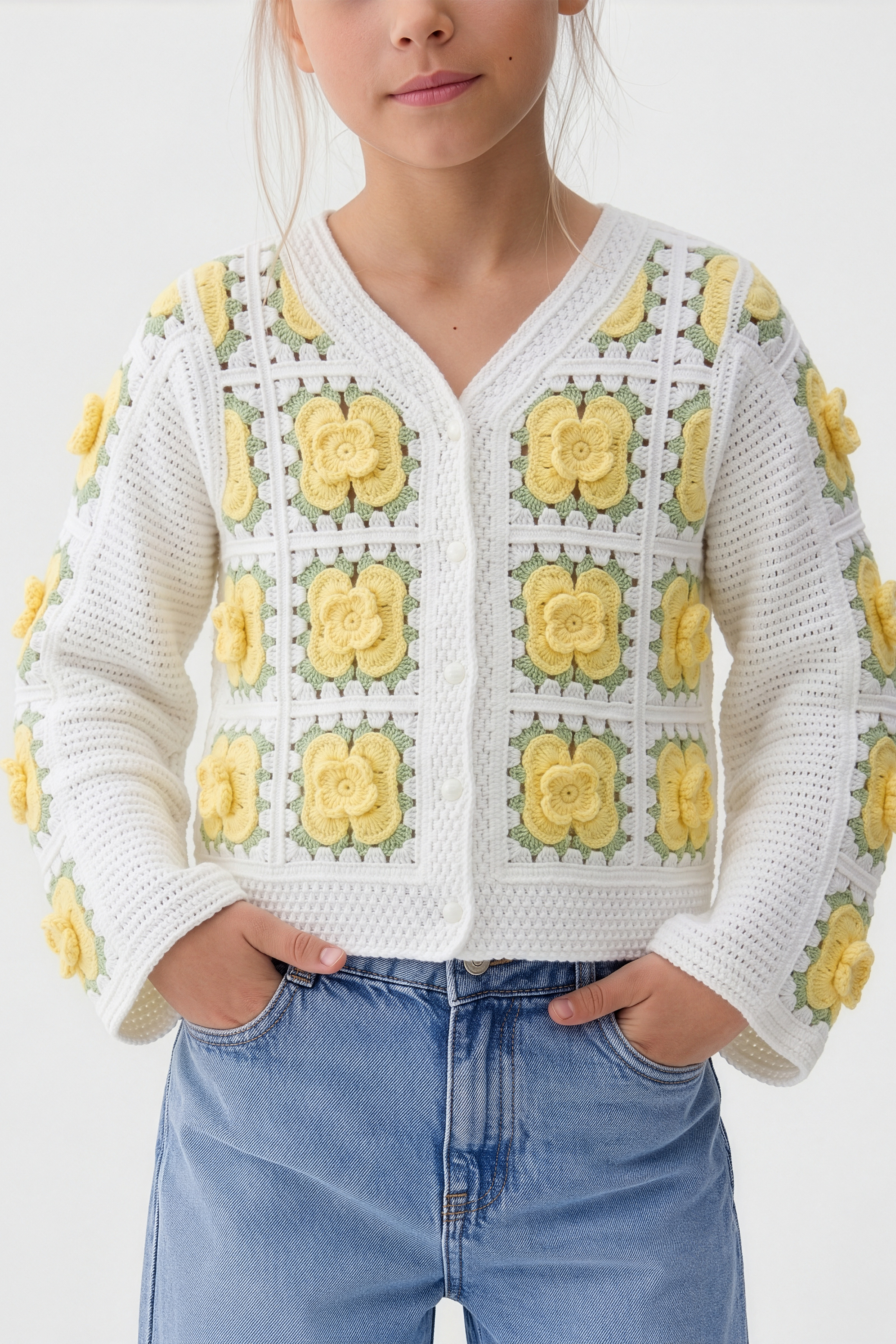 Delicate Canary Floral Cardigan For Kids
