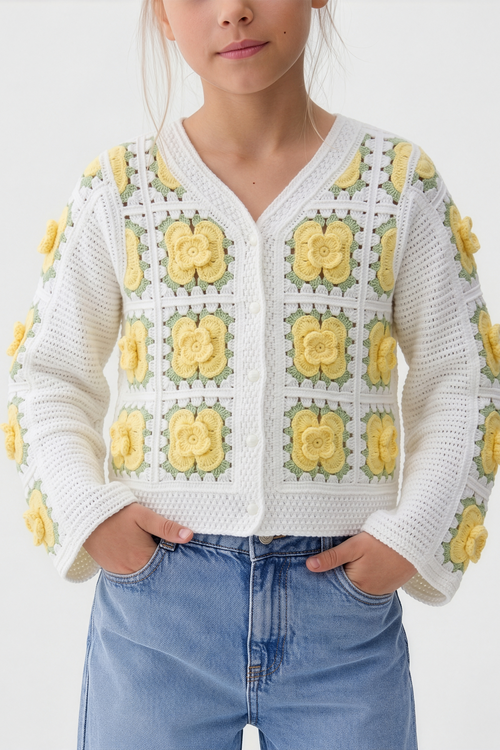 Delicate Canary Floral Cardigan For Kids