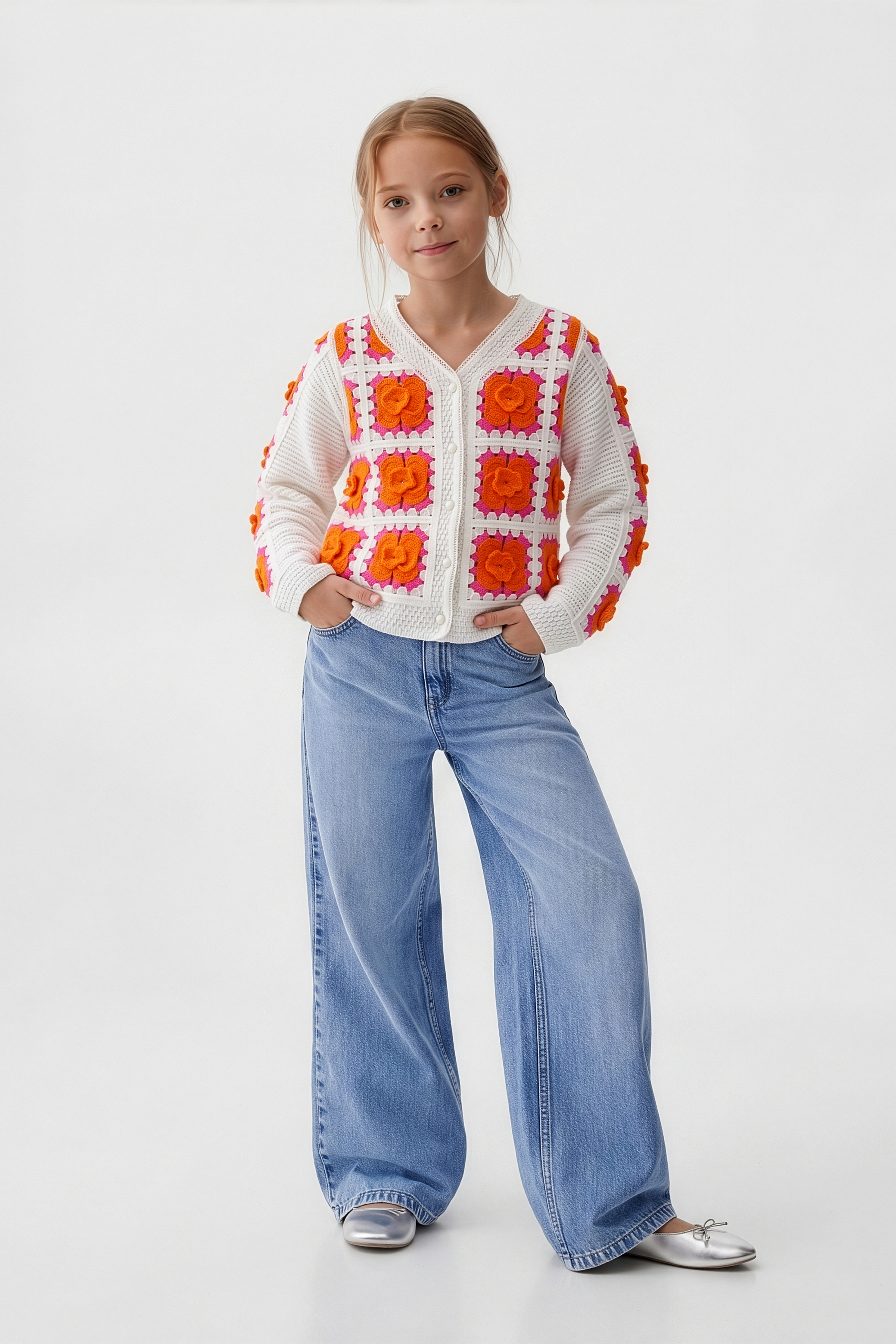 Delicate Orange Floral Cardigan For Kids