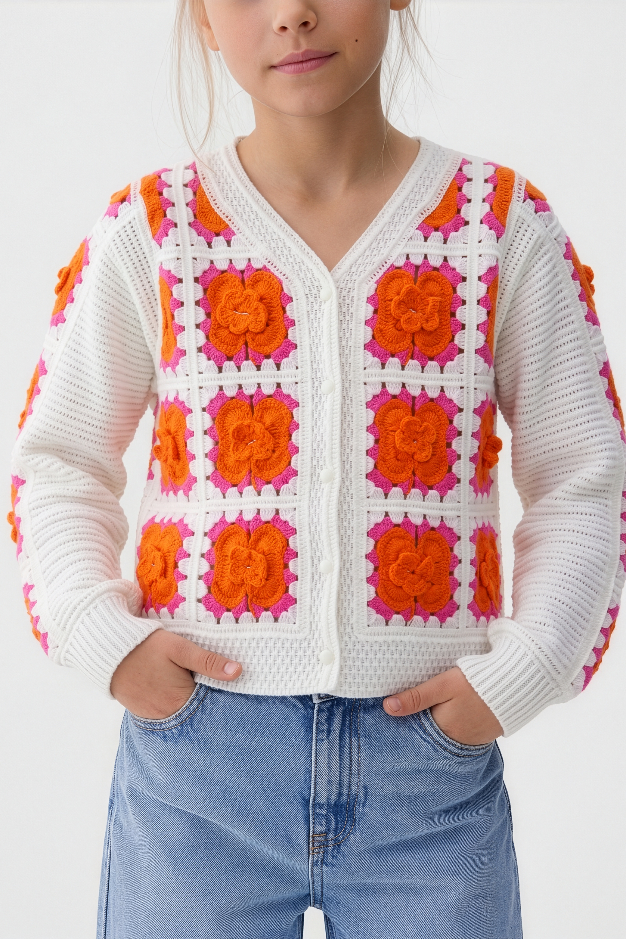 Delicate Orange Floral Cardigan For Kids