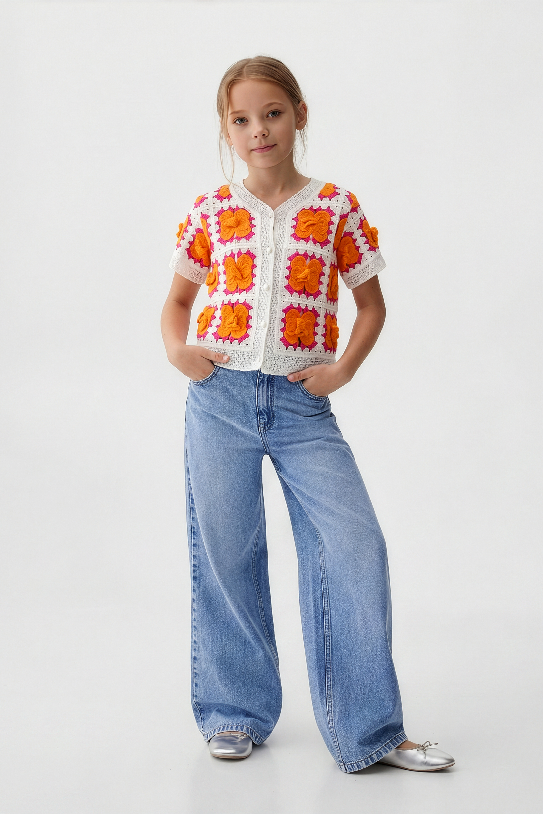 Delicate Orange Floral Blouse For Kids