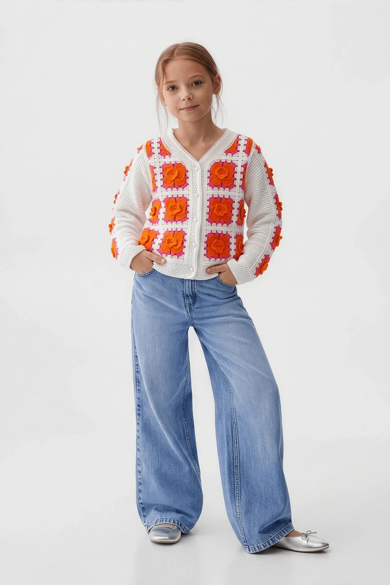 Delicate Orange Floral Cardigan For Kids - hava